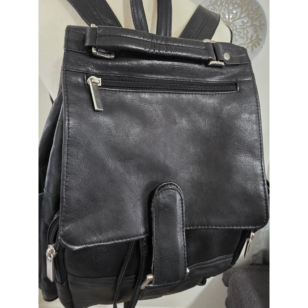 Beautiful David King Boston Soft Black Leather Multi-Pocket Backpack EuC